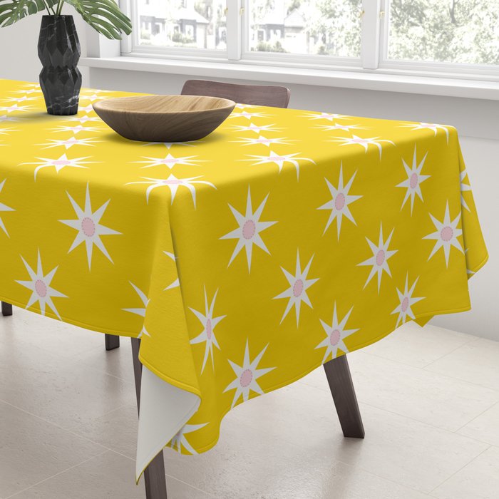 Northern Winter Star Festive Grid Pink White and Bright Yellow Tablecloth Gallery Image 3