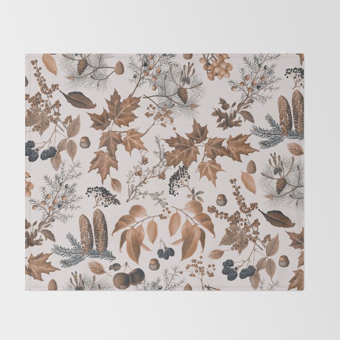 Autumn Mood Vintage Botanical Pattern Brown Throw Blanket Gallery Image 2
