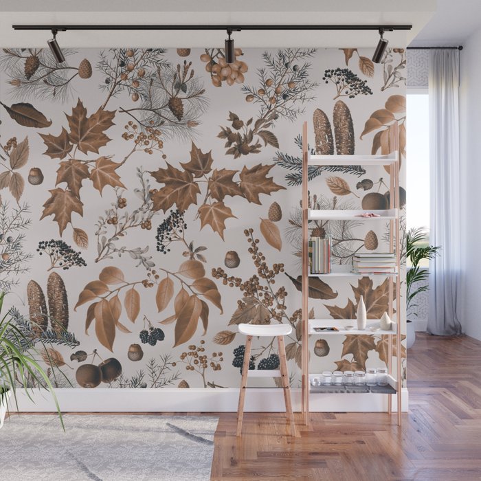 Autumn Mood Vintage Botanical Pattern Brown Wall Mural Gallery Image 1