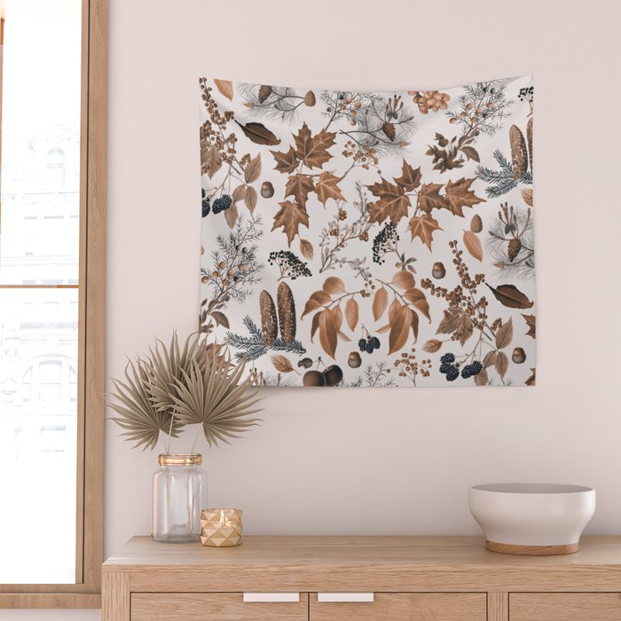 Autumn Mood Vintage Botanical Pattern Brown Wall Tapestry Gallery Image 2
