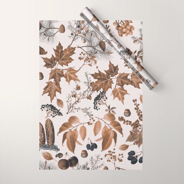 Autumn Mood Vintage Botanical Pattern Brown Wrapping Paper Gallery Image 1