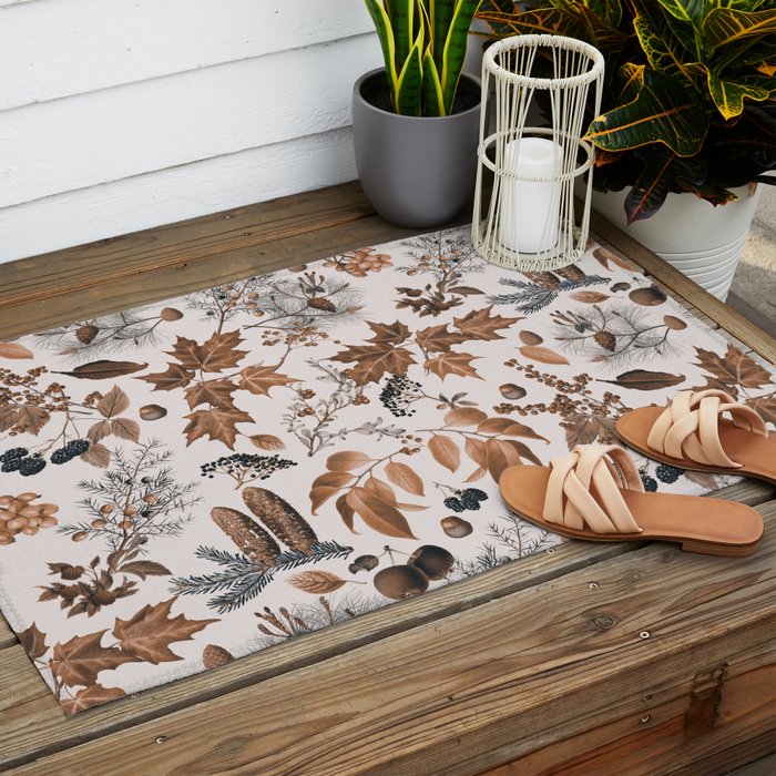 Autumn Mood Vintage Botanical Pattern Brown Outdoor Rug Gallery Image 2