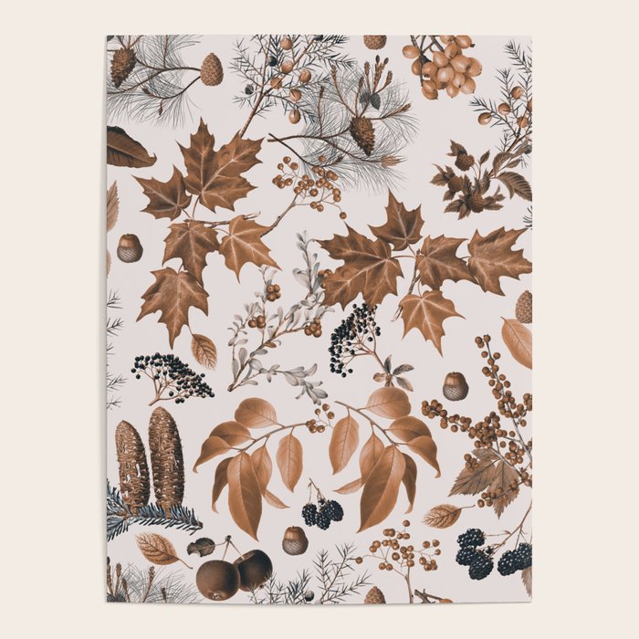 Autumn Mood Vintage Botanical Pattern Brown Poster Gallery Image 1