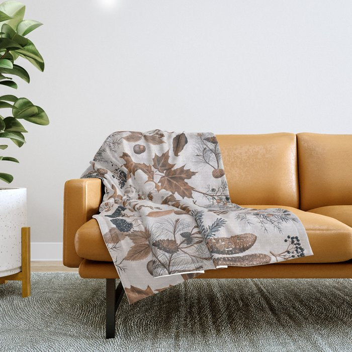 Autumn Mood Vintage Botanical Pattern Brown Throw Blanket Gallery Image 1