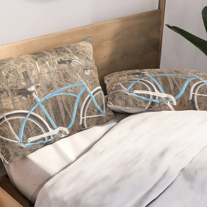 Blue Beach Bike In Holland Photo | Dutch Grass Dunes Summer Holiday Art Print | Europe Travel Photography Pillow Sham Gallery Image 2