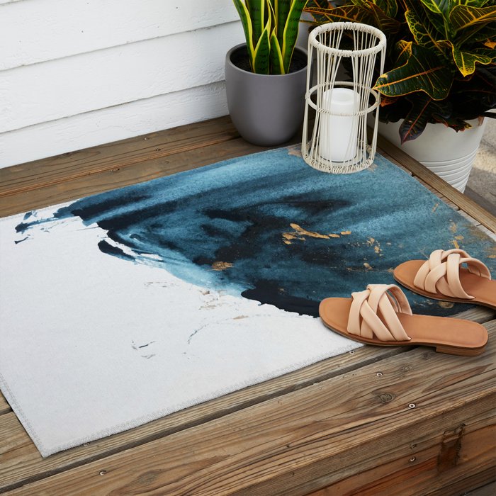 A Minimal Sapphire and Gold Abstract piece in blue white and gold by Alyssa Hamilton Art  Outdoor Rug Gallery Image 2