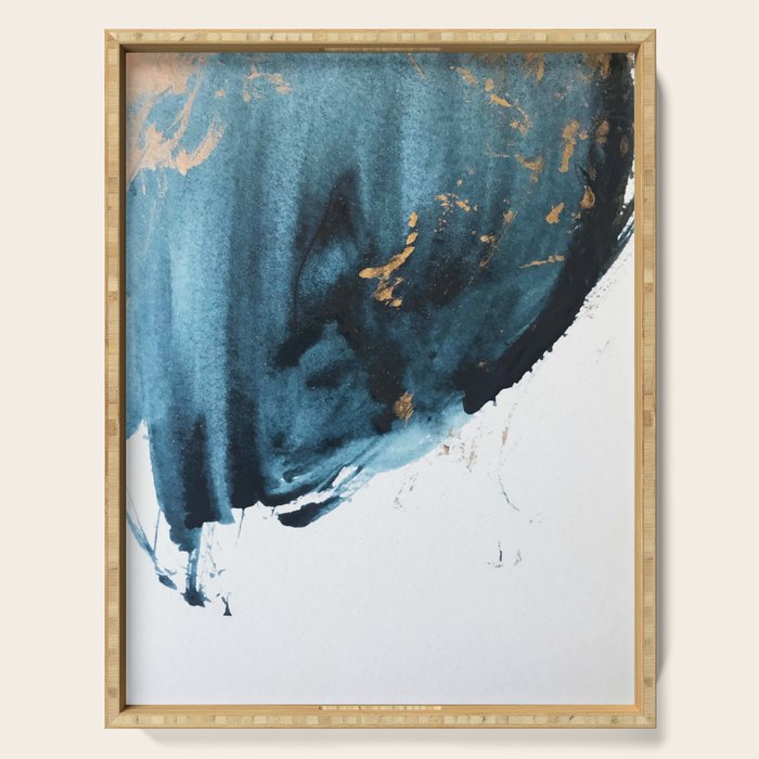 A Minimal Sapphire and Gold Abstract piece in blue white and gold by Alyssa Hamilton Art  Serving Tray Gallery Image 1