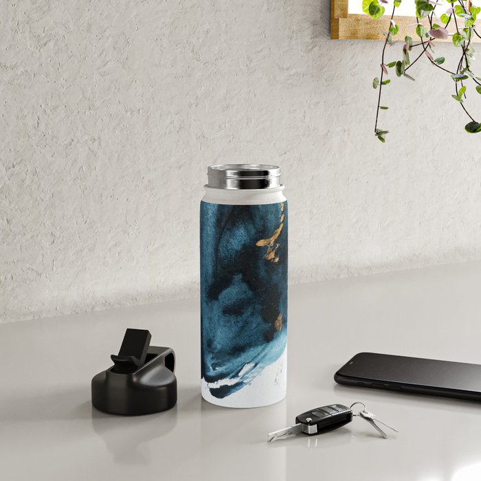 A Minimal Sapphire and Gold Abstract piece in blue white and gold by Alyssa Hamilton Art  Water Bottle Gallery Image 5