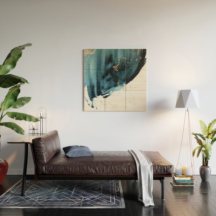 A Minimal Sapphire and Gold Abstract piece in blue white and gold by Alyssa Hamilton Art  Wood Wall Art Gallery Image 2