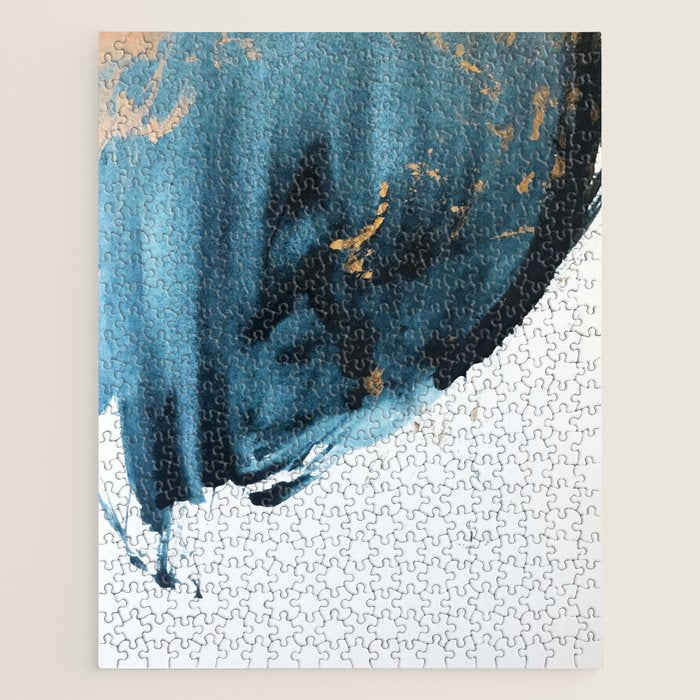 A Minimal Sapphire and Gold Abstract piece in blue white and gold by Alyssa Hamilton Art  Jigsaw Puzzle Gallery Image 1