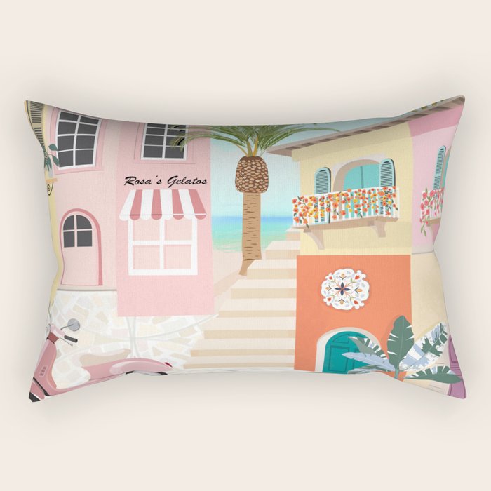 Retro Meditarranean coloful houses seascape Rectangular Pillow Gallery Image 2