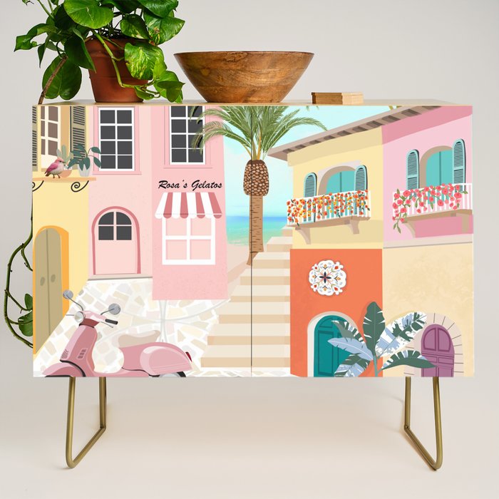 Retro Meditarranean coloful houses seascape Credenza Gallery Image 1