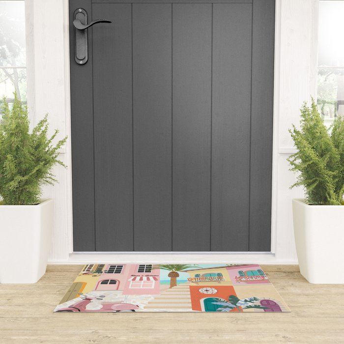 Retro Meditarranean coloful houses seascape Welcome Mat Gallery Image 3