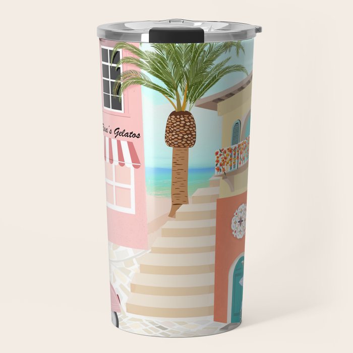 Retro Meditarranean coloful houses seascape Travel Mug Gallery Image 1