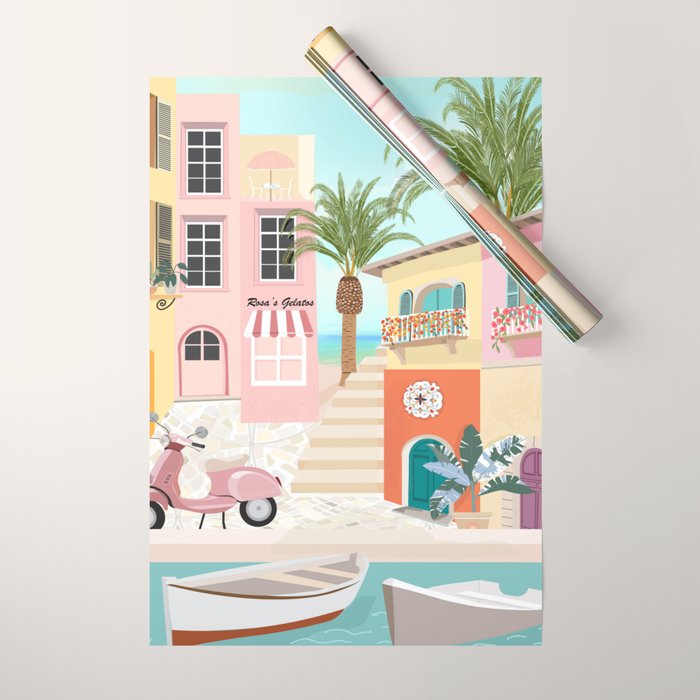 Retro Meditarranean coloful houses seascape Wrapping Paper Gallery Image 1