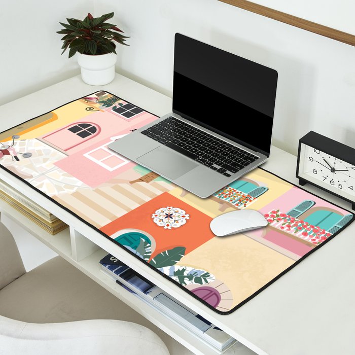 Retro Meditarranean coloful houses seascape Desk Mat Gallery Image 2