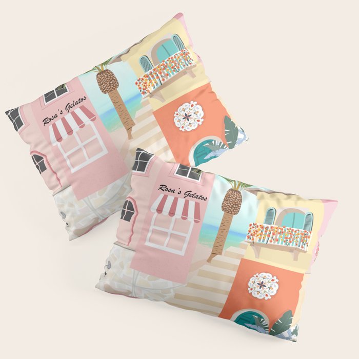Retro Meditarranean coloful houses seascape Pillow Sham Gallery Image 3