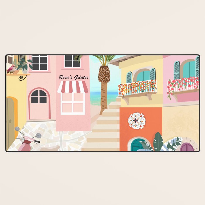 Retro Meditarranean coloful houses seascape Desk Mat Gallery Image 3
