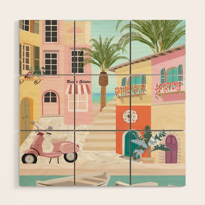 Retro Meditarranean coloful houses seascape Wood Wall Art Gallery Image 1