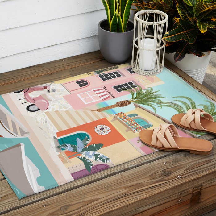 Retro Meditarranean coloful houses seascape Outdoor Rug Gallery Image 2