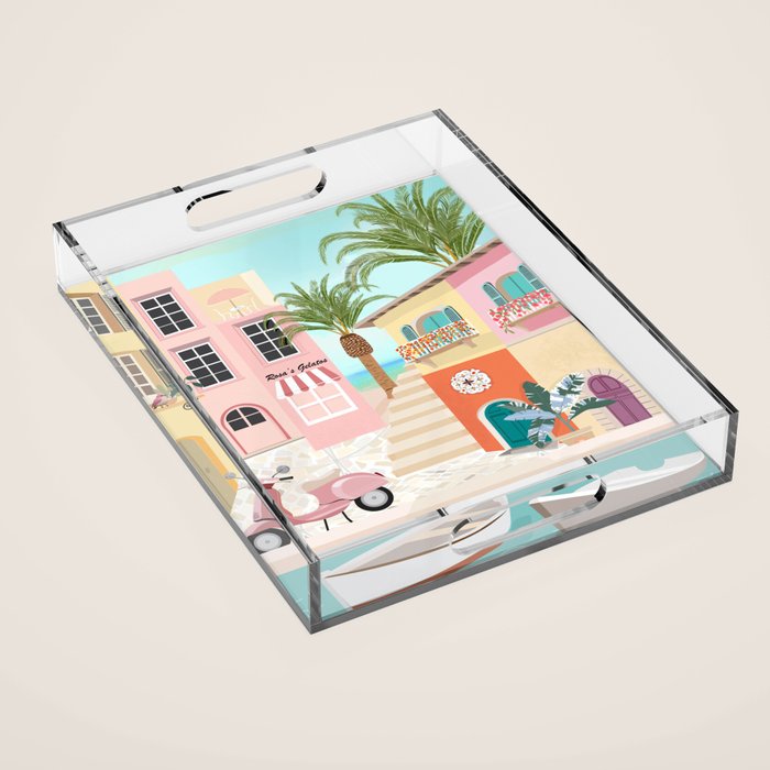 Retro Meditarranean coloful houses seascape Acrylic Tray Gallery Image 1