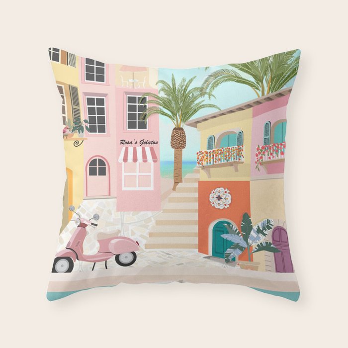 Retro Meditarranean coloful houses seascape Throw Pillow Gallery Image 6