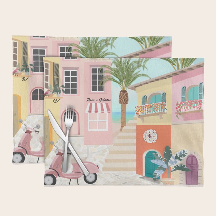 Retro Meditarranean coloful houses seascape Placemat Gallery Image 1