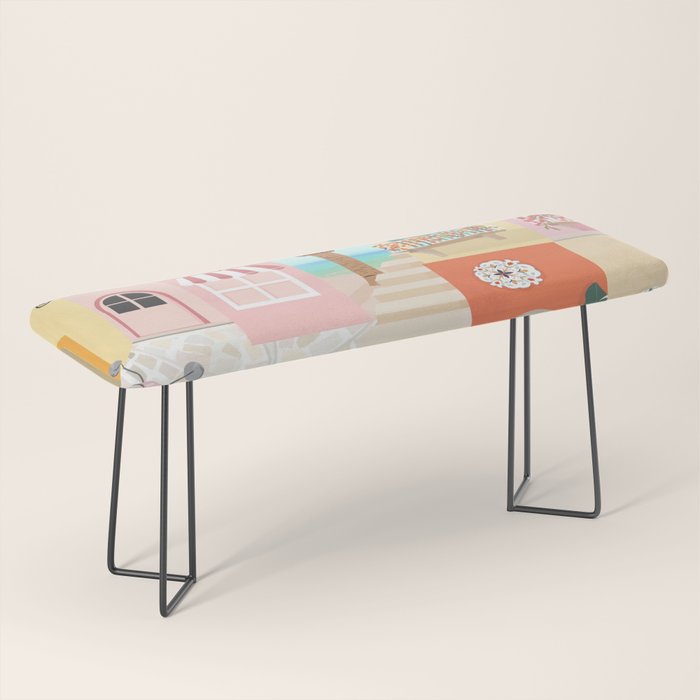 Retro Meditarranean coloful houses seascape Bench Gallery Image 1