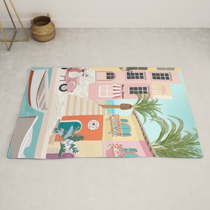 Retro Meditarranean coloful houses seascape Rug Gallery Image 2
