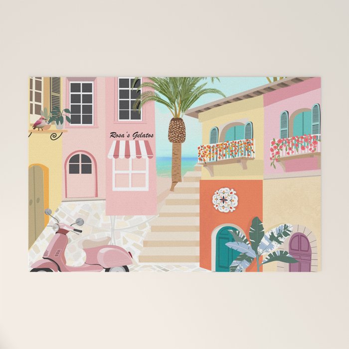 Retro Meditarranean coloful houses seascape Welcome Mat Gallery Image 1