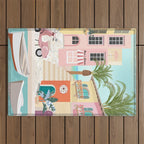 Retro Meditarranean coloful houses seascape Outdoor Rug Gallery Image 1