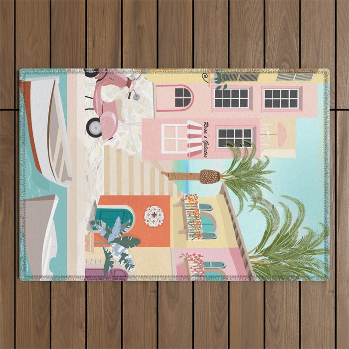 Retro Meditarranean coloful houses seascape Outdoor Rug Gallery Image 1
