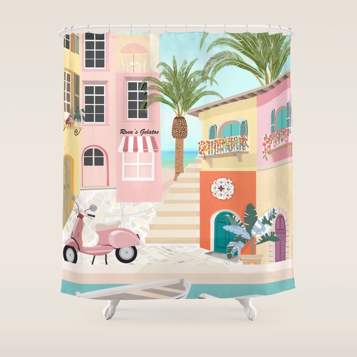 Retro Meditarranean coloful houses seascape Shower Curtain Gallery Image 1