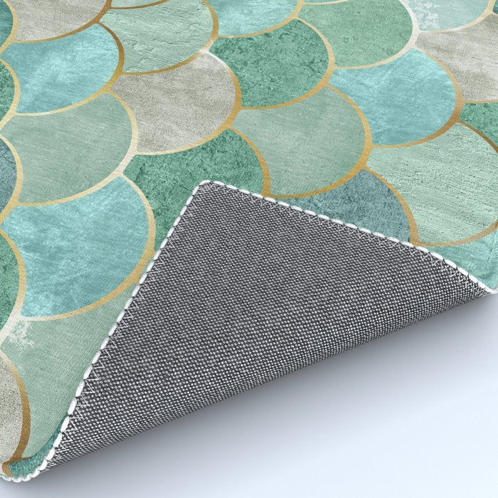 Moroccan Mermaid Fish Scale Pattern, Green and Gold Rug Gallery Image 4