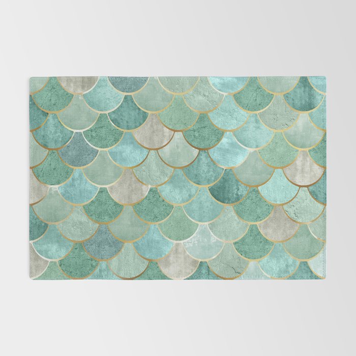 Moroccan Mermaid Fish Scale Pattern, Green and Gold Rug Gallery Image 2