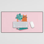 One more chapter // pastel pink background orange tabby cat striped mug with plants fuchsia pink and green books  Desk Mat Gallery Image 1