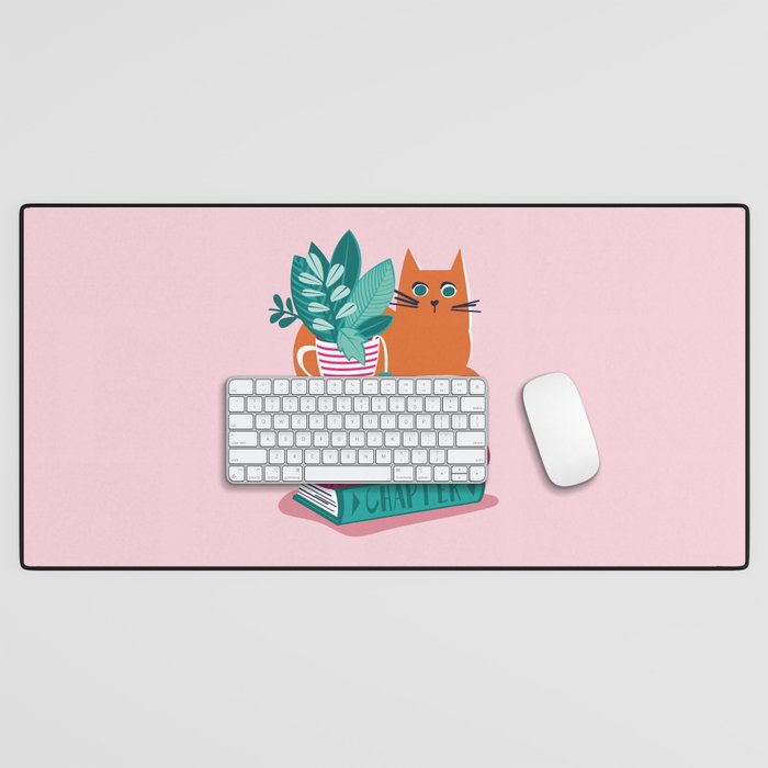 One more chapter // pastel pink background orange tabby cat striped mug with plants fuchsia pink and green books  Desk Mat Gallery Image 1