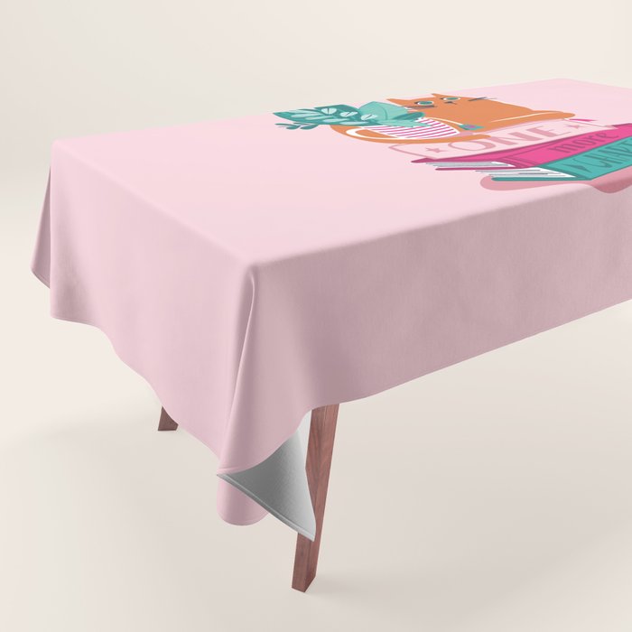 One more chapter // pastel pink background orange tabby cat striped mug with plants fuchsia pink and green books  Tablecloth Gallery Image 1