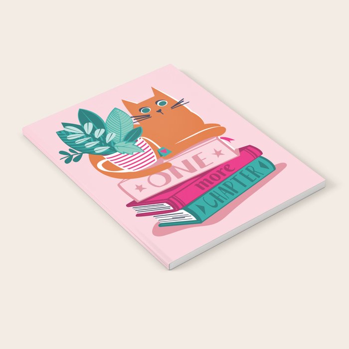 One more chapter // pastel pink background orange tabby cat striped mug with plants fuchsia pink and green books  Notebook Gallery Image 2