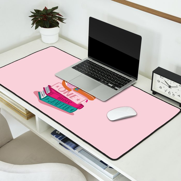 One more chapter // pastel pink background orange tabby cat striped mug with plants fuchsia pink and green books  Desk Mat Gallery Image 2