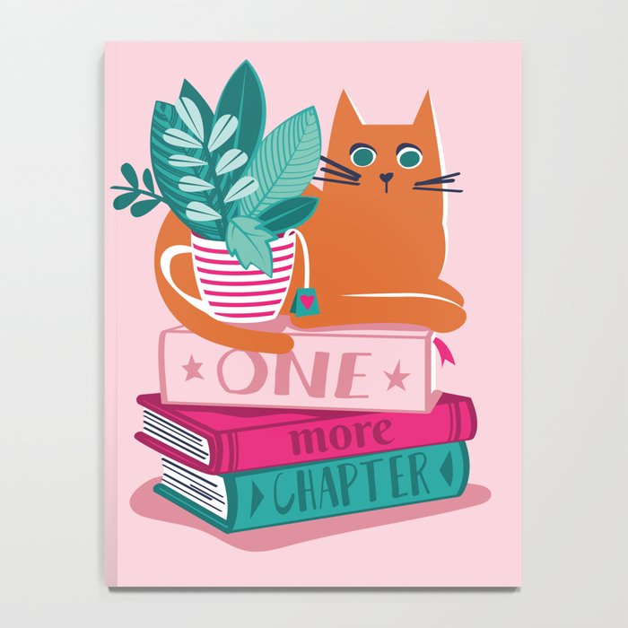 One more chapter // pastel pink background orange tabby cat striped mug with plants fuchsia pink and green books  Notebook Gallery Image 4