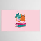 One more chapter // pastel pink background orange tabby cat striped mug with plants fuchsia pink and green books  Tablecloth Gallery Image 2