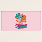 One more chapter // pastel pink background orange tabby cat striped mug with plants fuchsia pink and green books  Desk Mat Gallery Image 3
