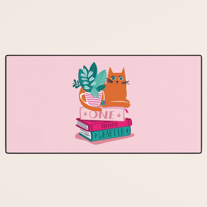 One more chapter // pastel pink background orange tabby cat striped mug with plants fuchsia pink and green books  Desk Mat Gallery Image 3