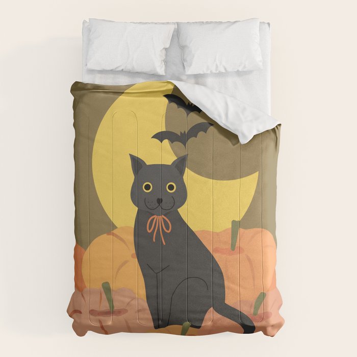 Cute Halloween Black Cat with Pumpkins and Bats Comforter Gallery Image 6