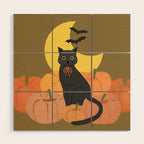 Cute Halloween Black Cat with Pumpkins and Bats Wood Wall Art Gallery Image 1