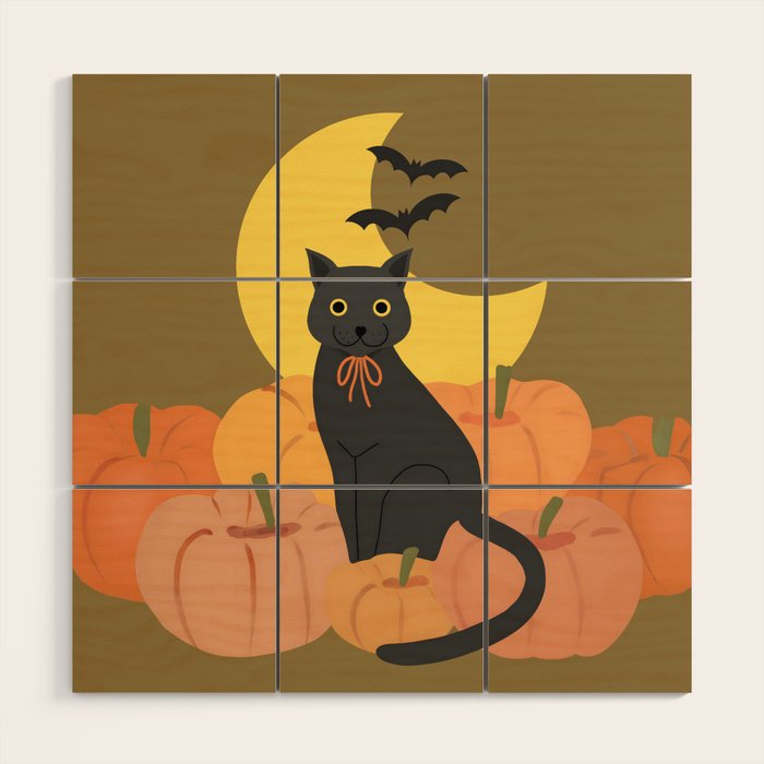 Cute Halloween Black Cat with Pumpkins and Bats Wood Wall Art Gallery Image 1