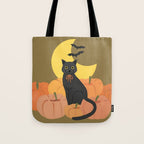 Cute Halloween Black Cat with Pumpkins and Bats Tote Bag Gallery Image 1