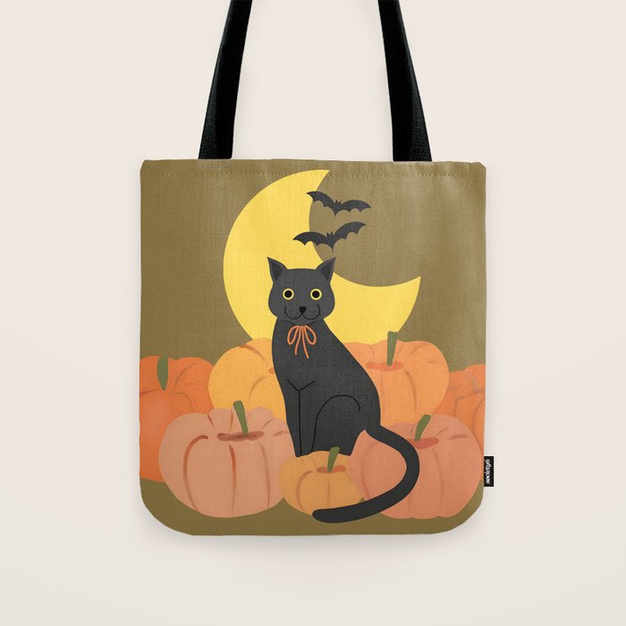 Cute Halloween Black Cat with Pumpkins and Bats Tote Bag Gallery Image 1