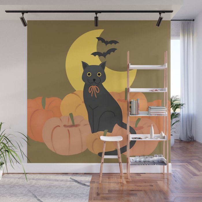 Cute Halloween Black Cat with Pumpkins and Bats Wall Mural Gallery Image 1
